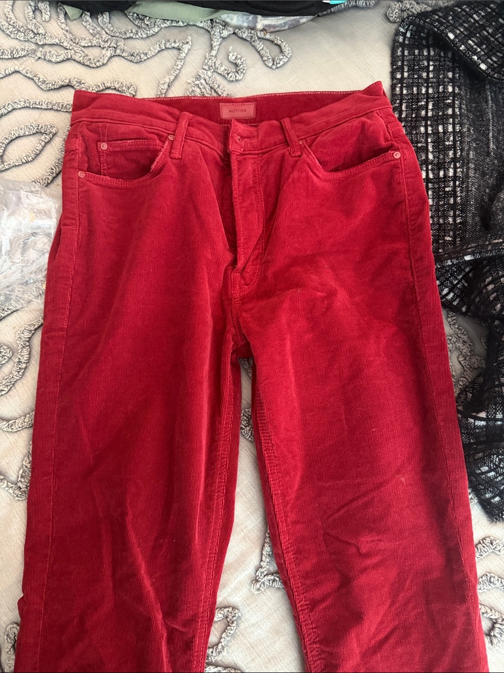 MOTHER Red Corduroy Straight-Leg Jeans mid rise dazzler ankle in garnet